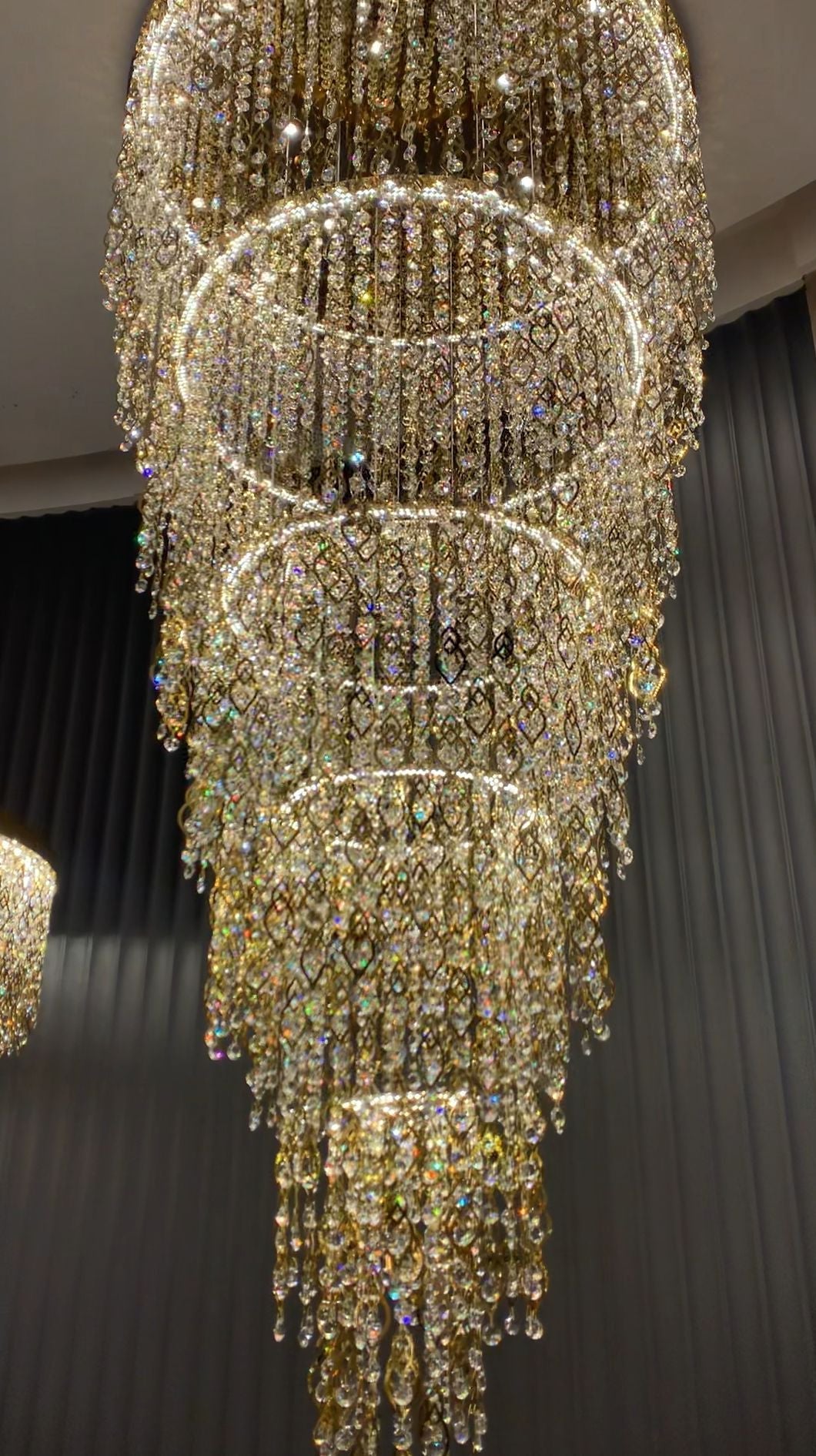 Modern Round 5 - Layer Crystal Tassel Chandelier for Villa/Staircase/Foyer/Living Room - D39.37''*H94.48''(D100cm*H240cm)/62.2kgWarm LightBlushlighting
