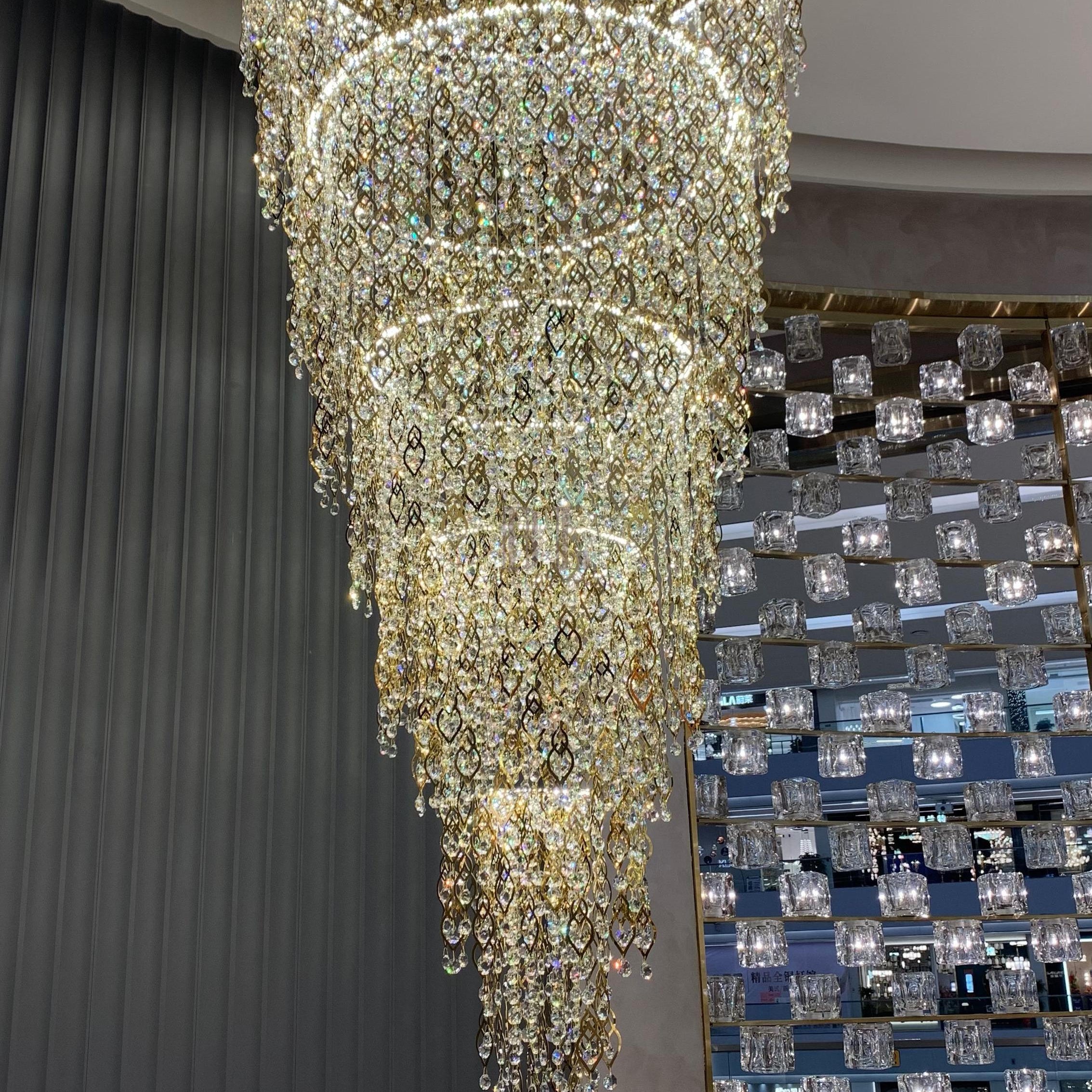 Modern Round 5 - Layer Crystal Tassel Chandelier for Villa/Staircase/Foyer/Living Room - D39.37''*H94.48''(D100cm*H240cm)/62.2kgWarm LightBlushlighting