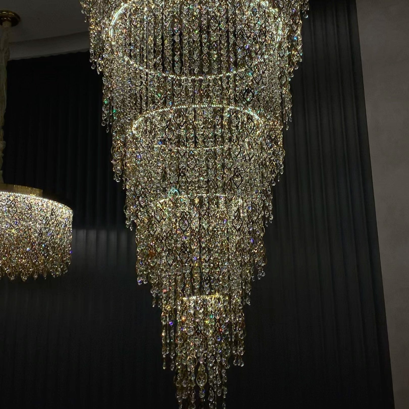 Modern Round 5 - Layer Crystal Tassel Chandelier for Villa/Staircase/Foyer/Living Room - D39.37''*H94.48''(D100cm*H240cm)/62.2kgWarm LightBlushlighting