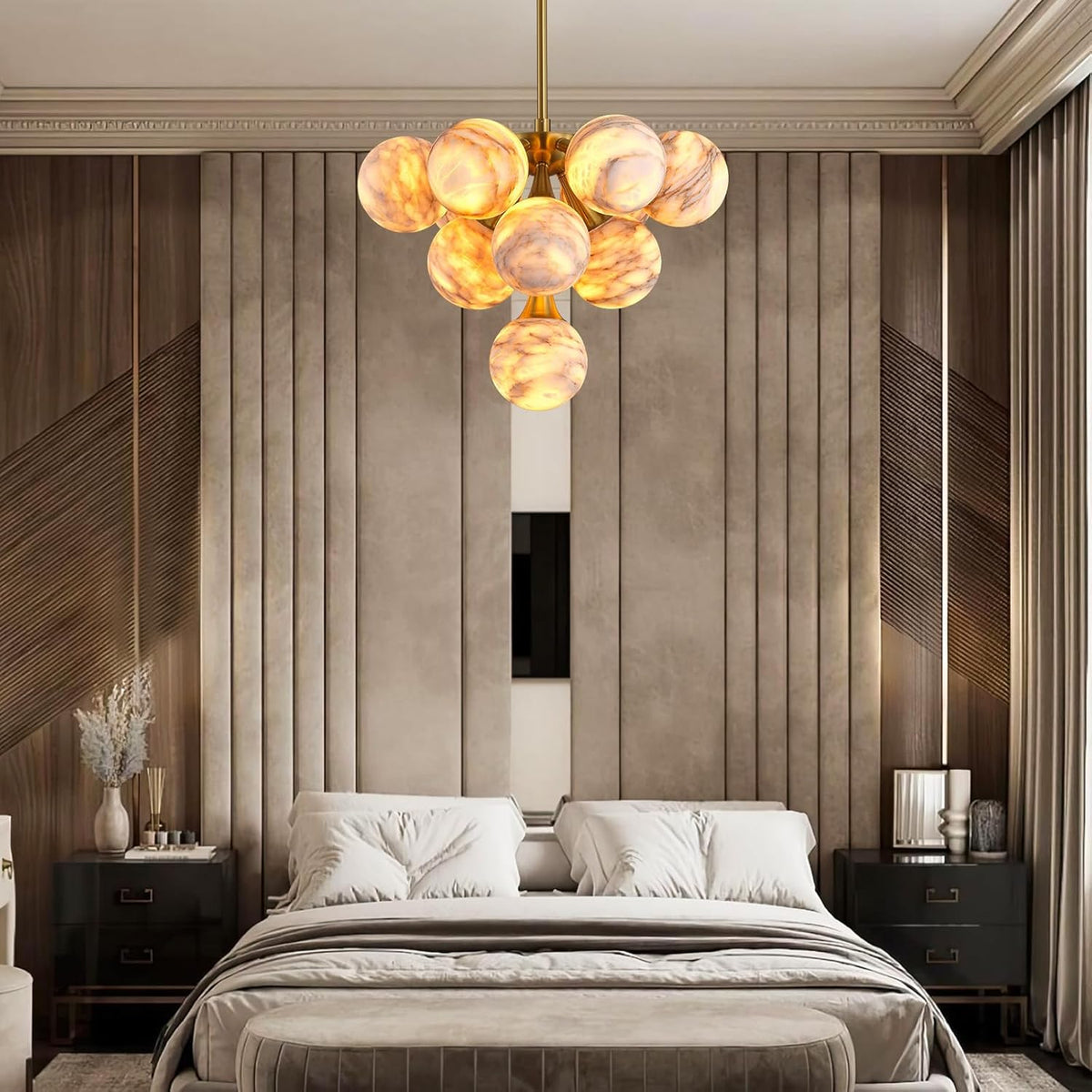 Modern Round Alabaster Chandelier - D560-21.5"L × 15"W × 21"HBlushlighting