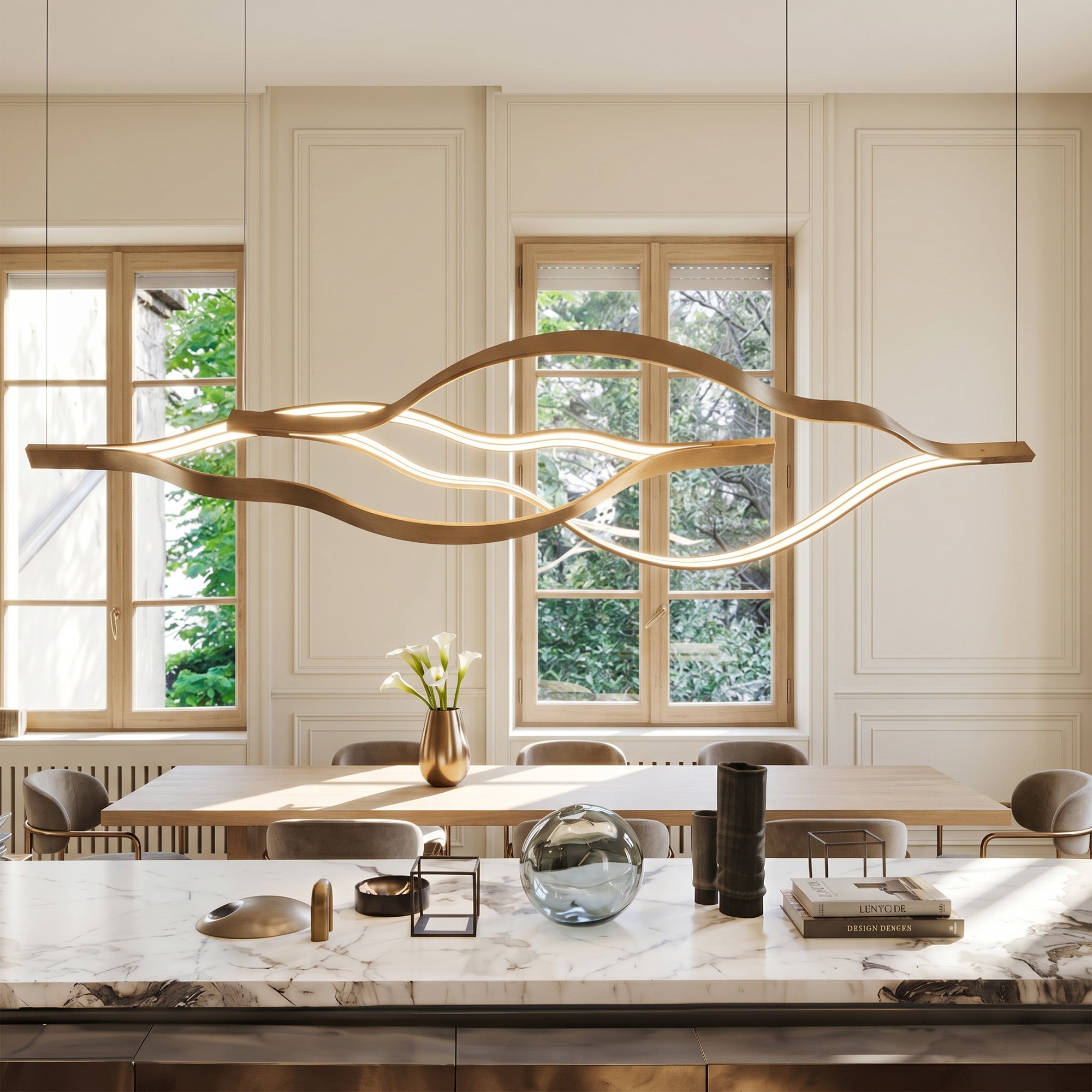 Modern Simple Brass Waving Chandelier for Living/Dining Room/Kitchen Island - L31.5"*W2.2"*H11.8"WoodWarm LightBlushlighting