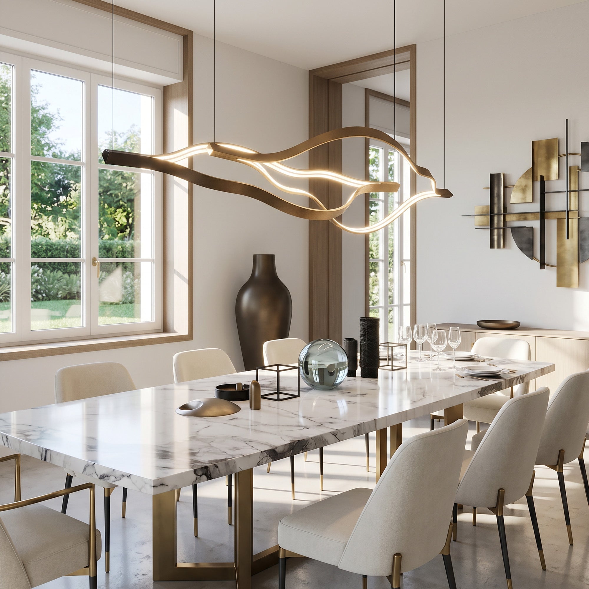 Modern Simple Brass Waving Chandelier for Living/Dining Room/Kitchen Island - L31.5"*W2.2"*H11.8"WoodWarm LightBlushlighting