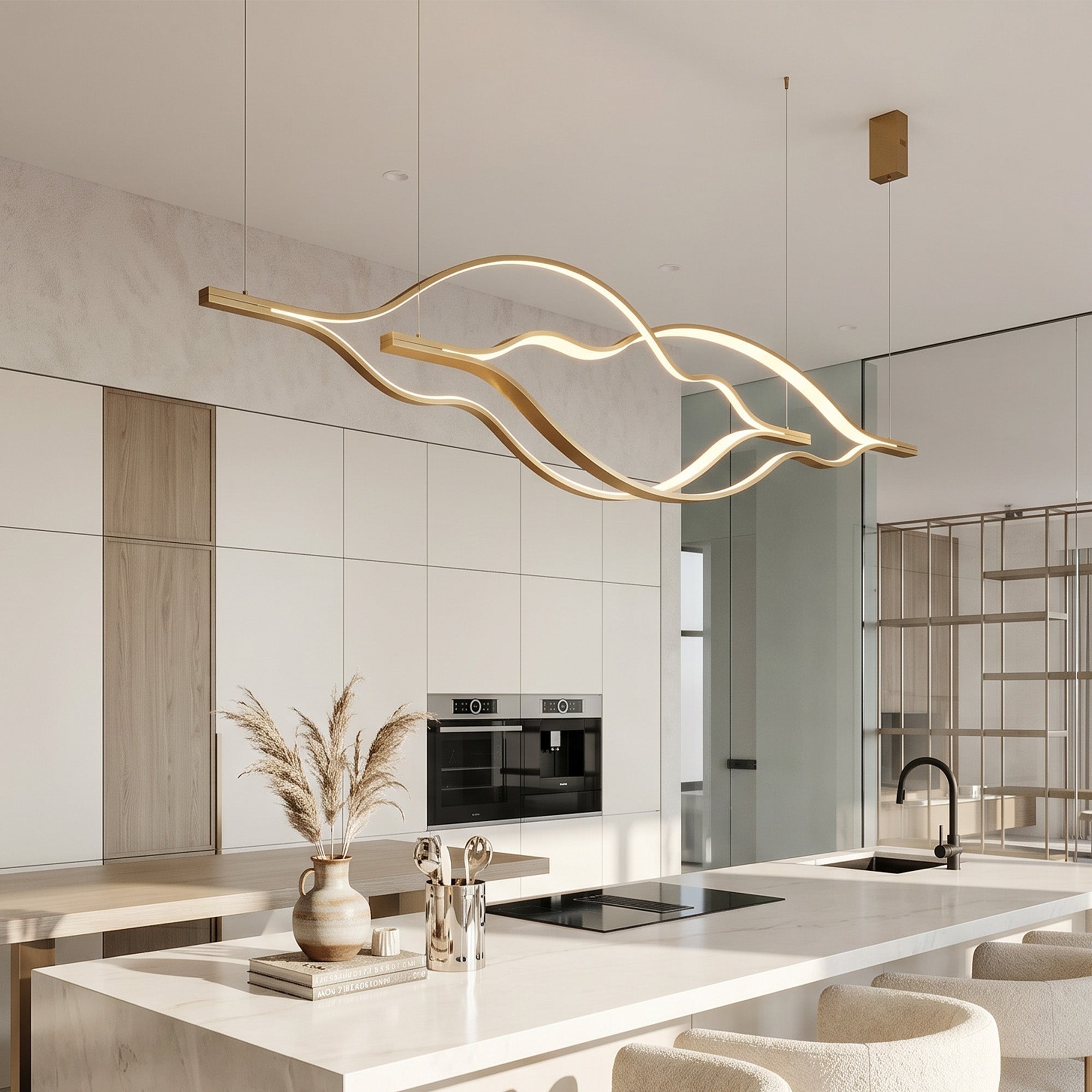Modern Simple Brass Waving Chandelier for Living/Dining Room/Kitchen Island - 3 crossed pendant: L31.5"+L39.4"+L47.2"ChromeWarm LightBlushlighting
