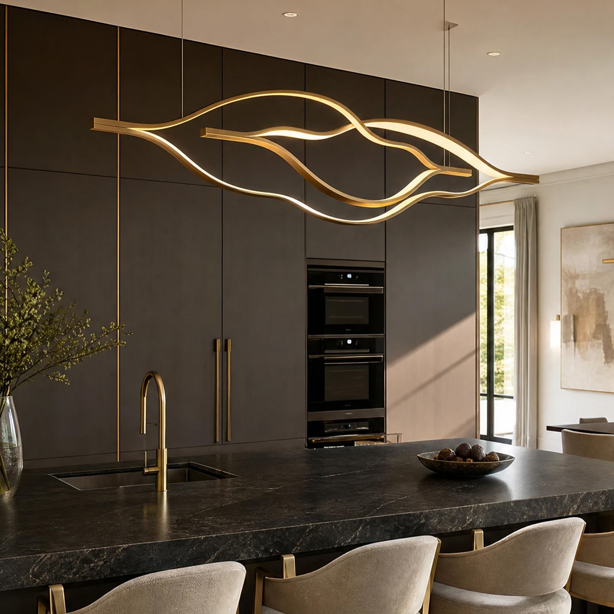 Modern Simple Brass Waving Chandelier for Living/Dining Room/Kitchen Island - L31.5"*W2.2"*H11.8"WoodWarm LightBlushlighting