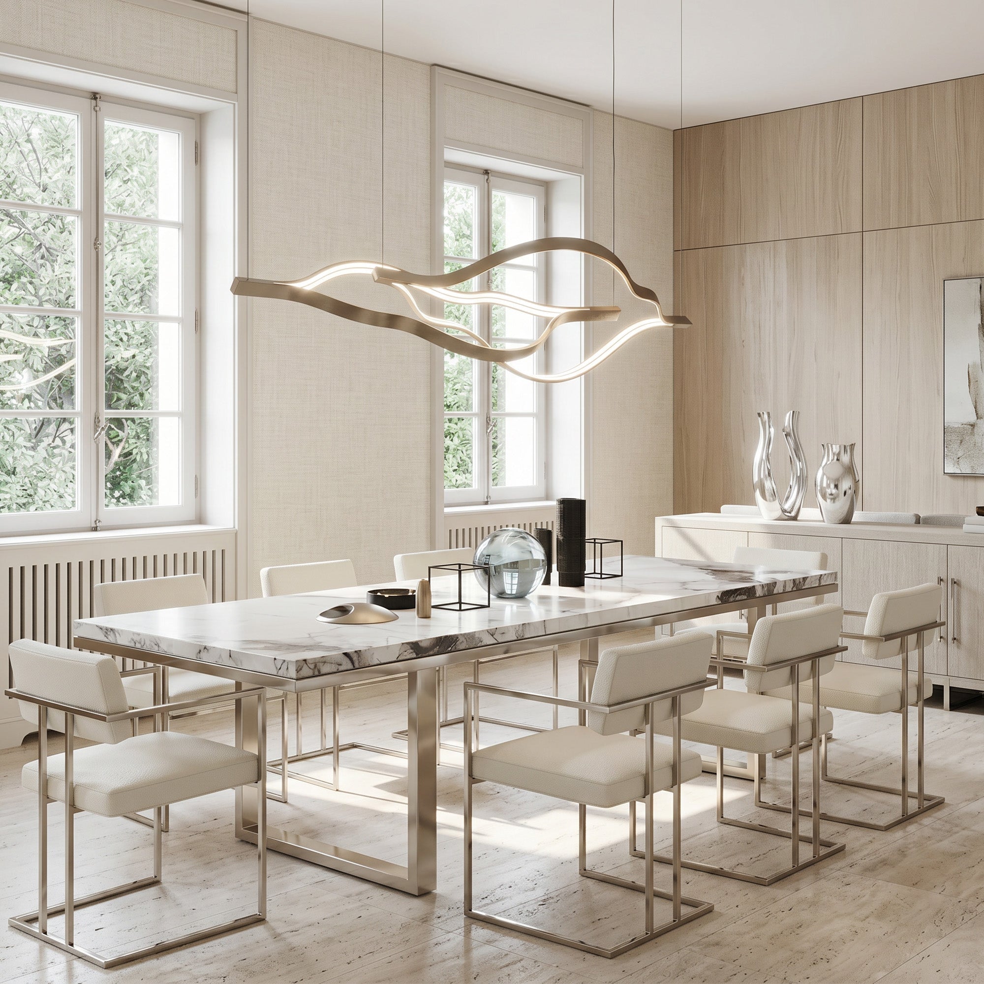 Modern Simple Brass Waving Chandelier for Living/Dining Room/Kitchen Island - 2 crossed pendant: L39.4"+L47.2"/17kgGoldWarm LightBlushlighting