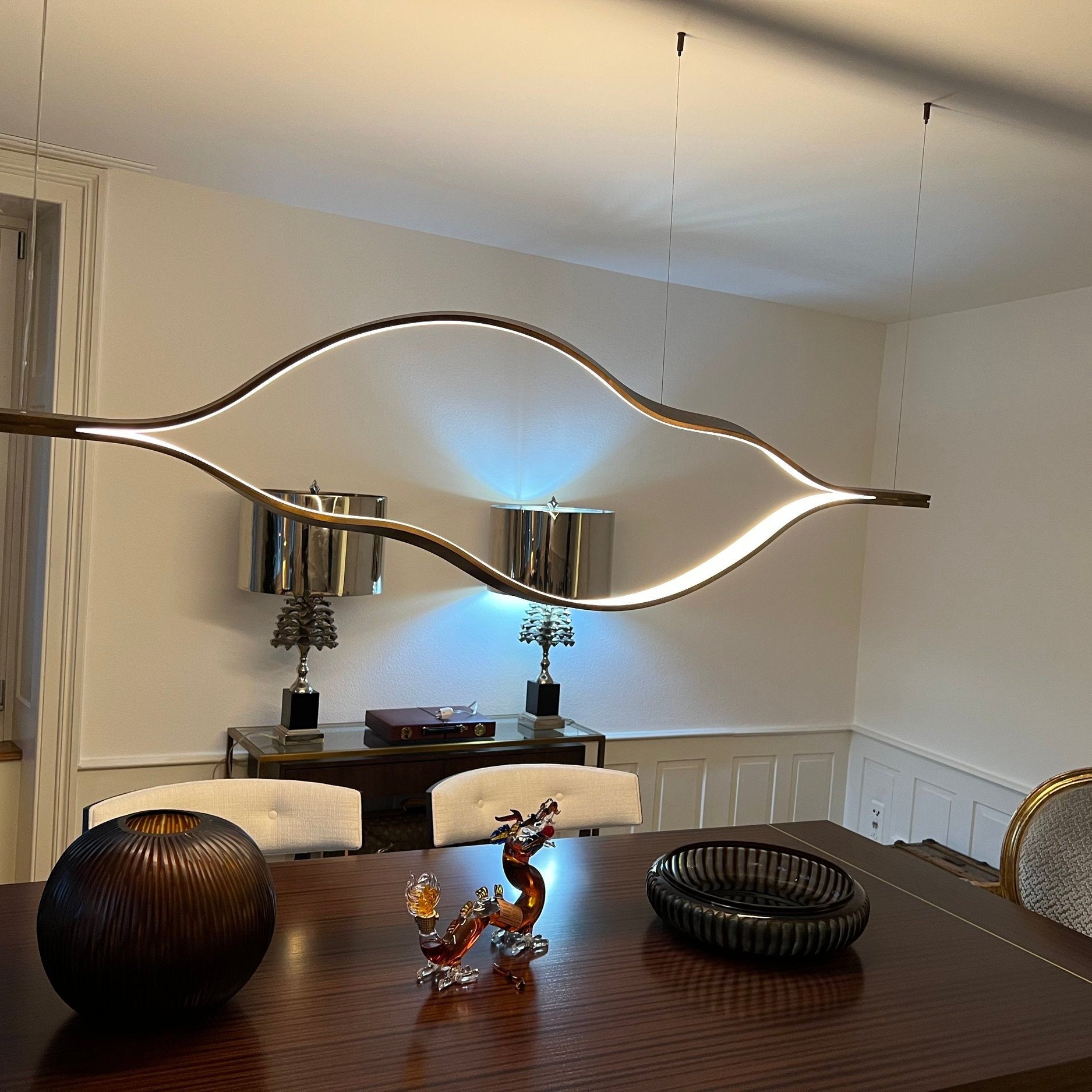 Modern Simple Brass Waving Chandelier for Living/Dining Room/Kitchen Island-Chandeliers-Blush-Lighting-L31.5"*W2.2"*H11.8"-Wood-Warm Light