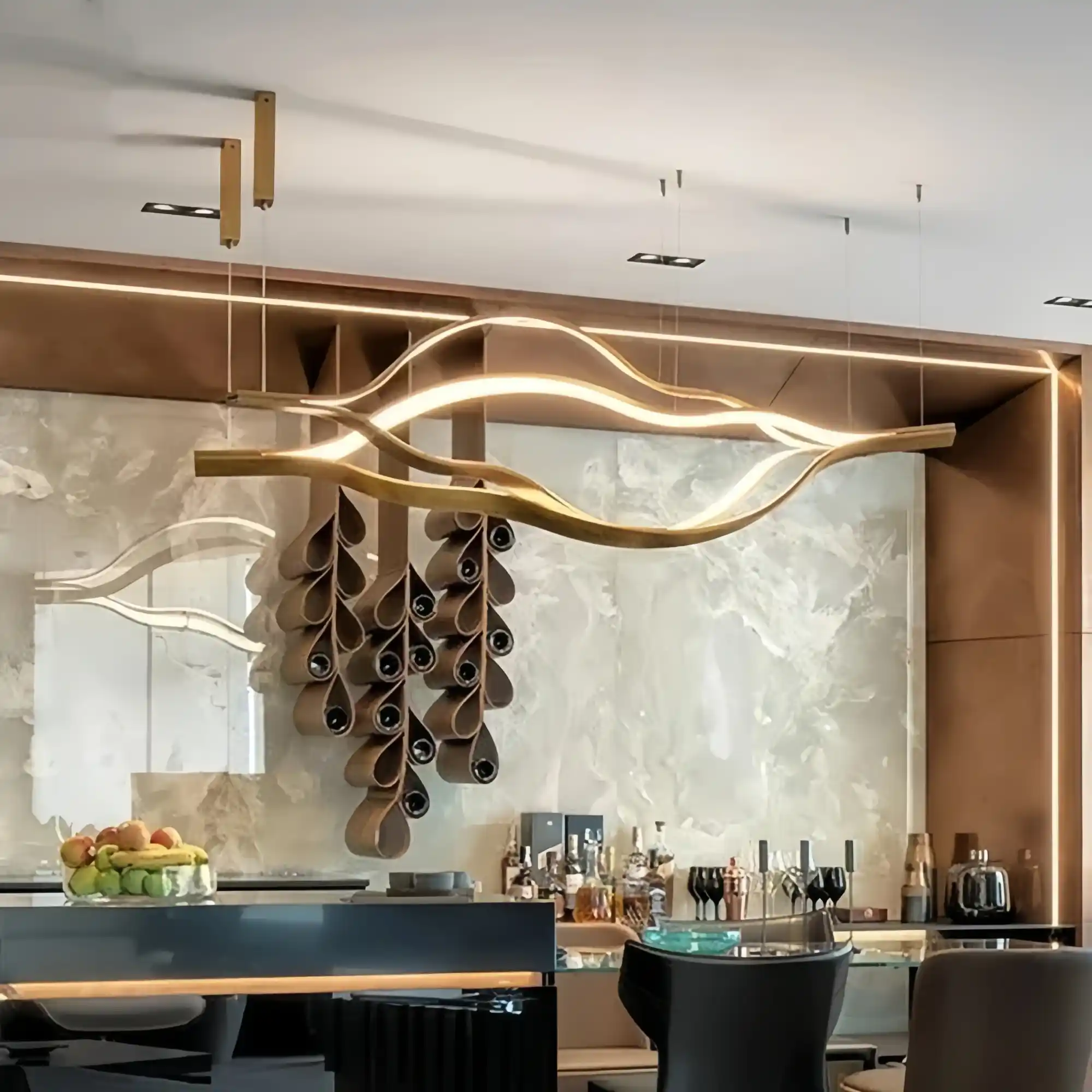 Modern Simple Brass Waving Chandelier for Living/Dining Room/Kitchen Island-Chandeliers-Blush-Lighting-L31.5"*W2.2"*H11.8"-Wood-Warm Light