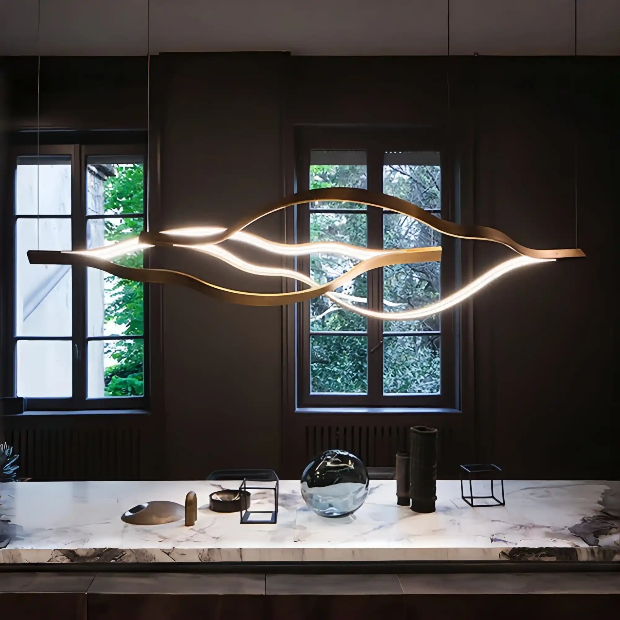 Modern Simple Brass Waving Chandelier for Living/Dining Room/Kitchen Island-Chandeliers-Blush-Lighting-L31.5"*W2.2"*H11.8"-Wood-Warm Light
