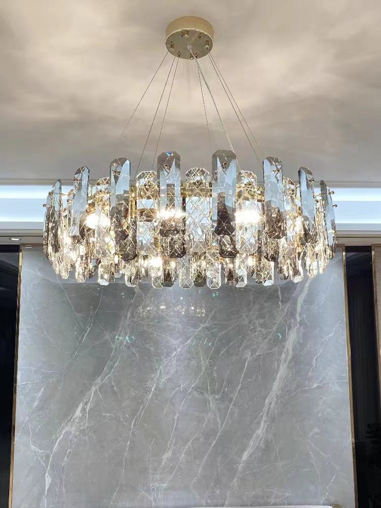 Modern Smoky Gray Crystal Chandelier Gleamy Light Fixture for Living/Dining Room/ Bedroom/ Home Office - Round D39.37"*H8.66"GoldWarm LightBlushlighting
