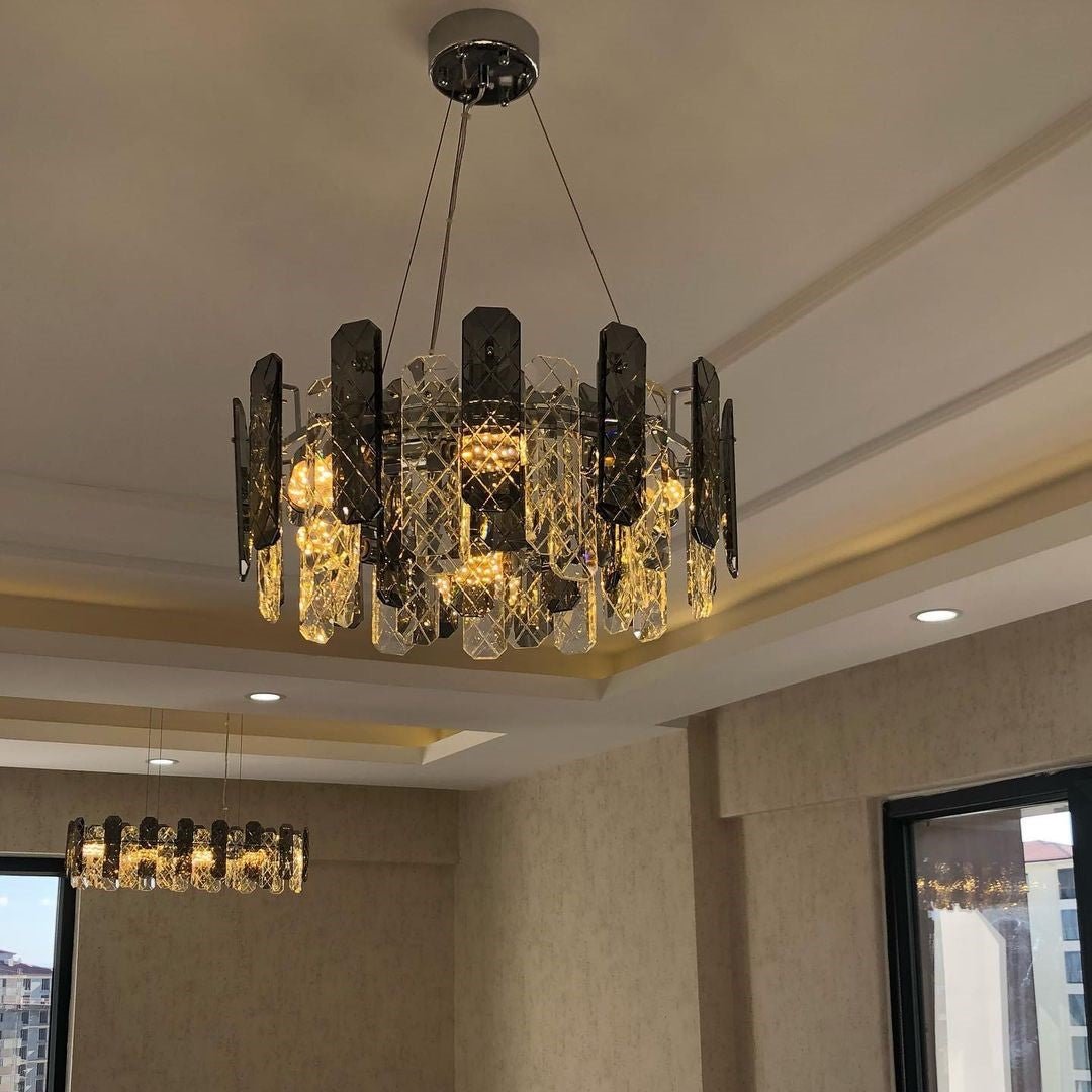 Modern Smoky Gray Crystal Chandelier Gleamy Light Fixture for Living/Dining Room/ Bedroom/ Home Office - Round D39.37"*H8.66"GoldWarm LightBlushlighting