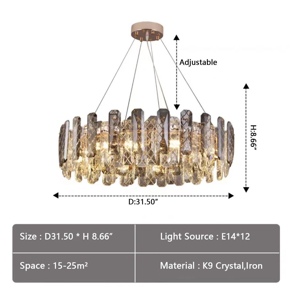 Modern Smoky Gray Crystal Chandelier Gleamy Light Fixture for Living/Dining Room/ Bedroom/ Home Office - Round D39.37"*H8.66"GoldWarm LightBlushlighting