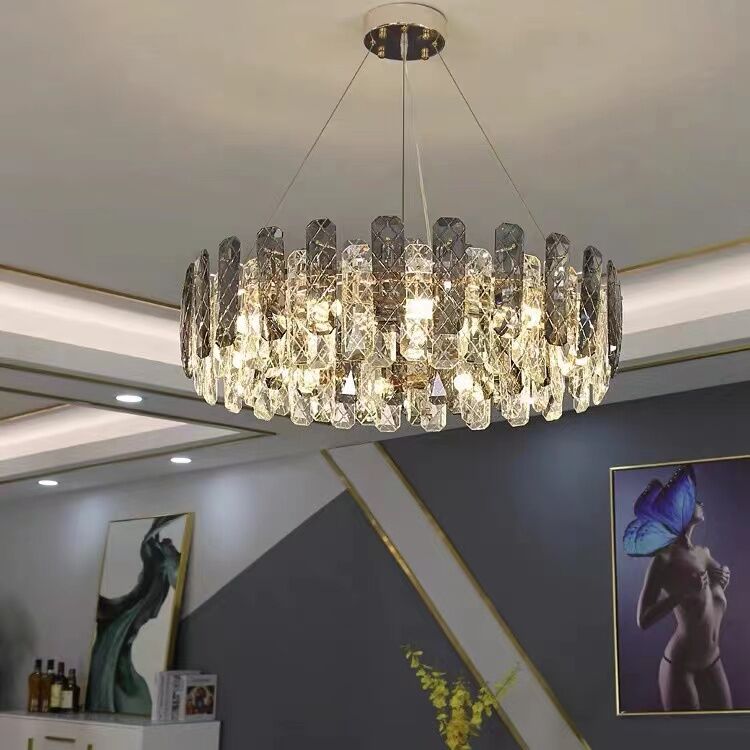 Modern Smoky Gray Crystal Chandelier Gleamy Light Fixture for Living/Dining Room/ Bedroom/ Home Office - Round D19.69"*H8.66"/20kgGoldWarm LightBlushlighting