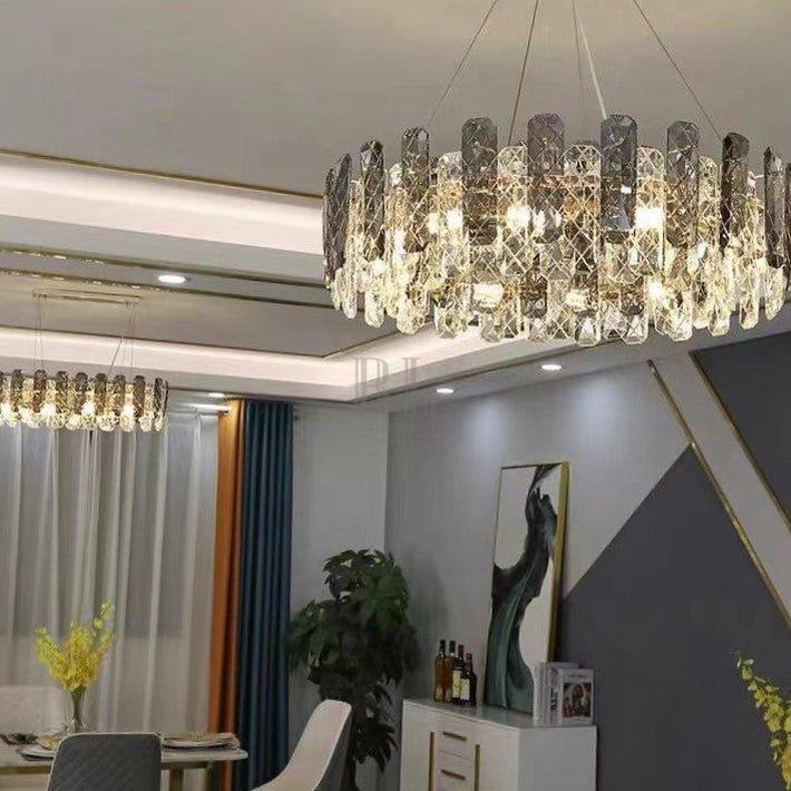 Modern Smoky Gray Crystal Chandelier Gleamy Light Fixture for Living/Dining Room/ Bedroom/ Home Office-Chandeliers-Blushlighting-Round D23.62"*H8.66"/22kg-Gold-Warm Light-Blushlighting