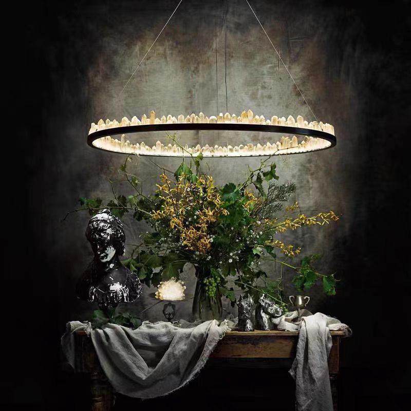 Modern Style Rings Brass & Natural Quartz Crystal Chandelier in Brass/Black Finish - 1 Tier / D23.6" * H4"BrassWarm LightBlushlighting