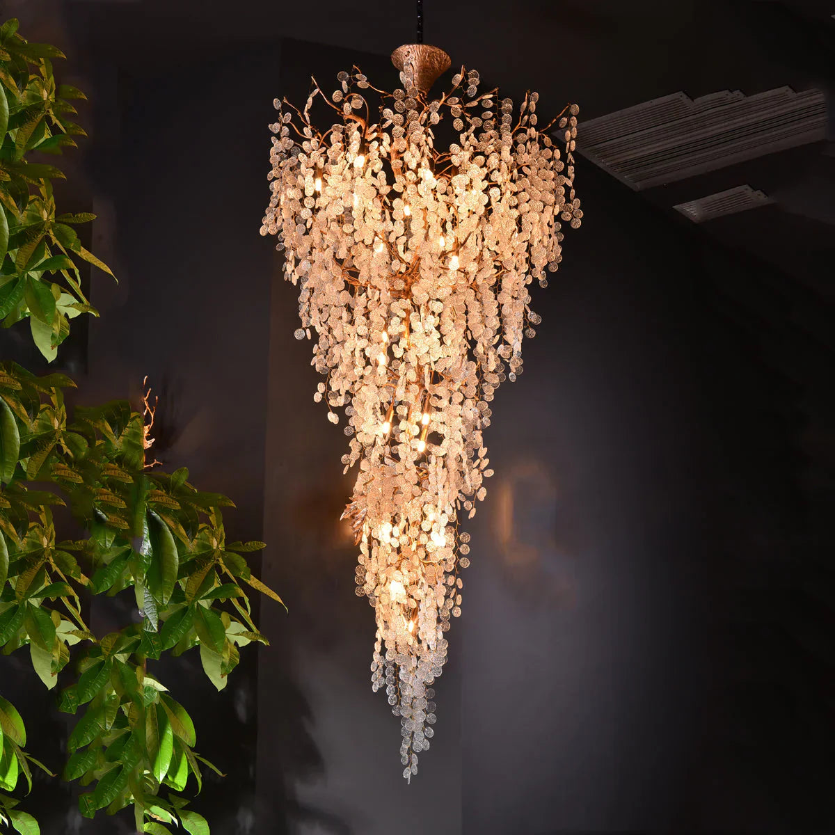 Modern Unique Artistic Flower Brass Branch Semi-flush Mount Chandelier for Living Room/ Hallway/ Entryway/ Staircase-Chandeliers-Blushlighting