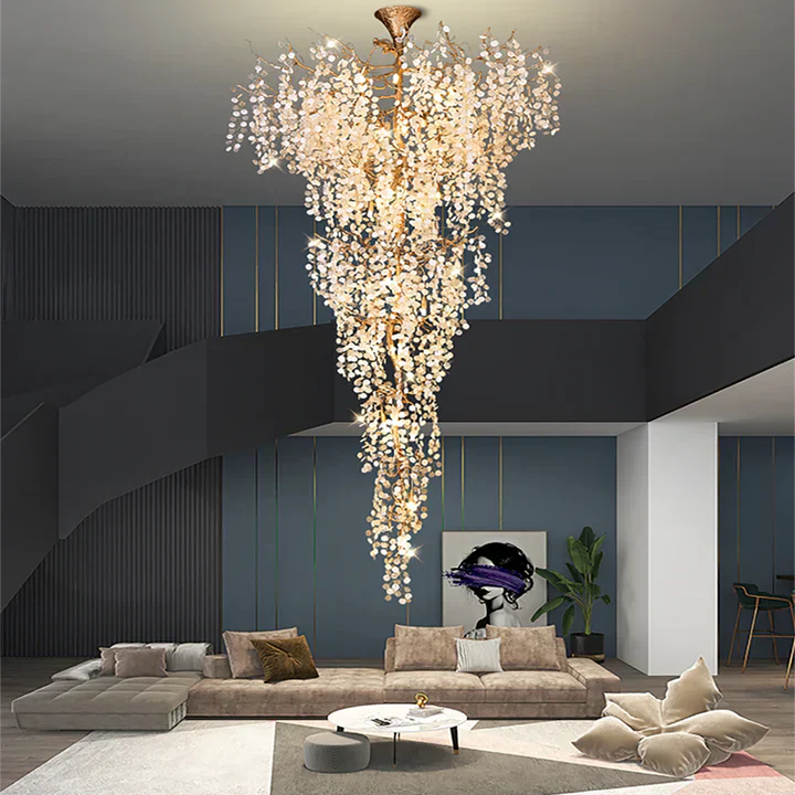 Modern Unique Artistic Flower Brass Branch Semi-flush Mount Chandelier for Living Room/ Hallway/ Entryway/ Staircase-Chandeliers-Blushlighting