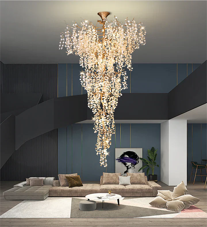 Modern Unique Artistic Flower Brass Branch Semi-flush Mount Chandelier for Living Room/ Hallway/ Entryway/ Staircase-Chandeliers-Blushlighting