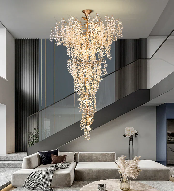 Modern Unique Artistic Flower Brass Branch Semi-flush Mount Chandelier for Living Room/ Hallway/ Entryway/ Staircase-Chandeliers-Blushlighting