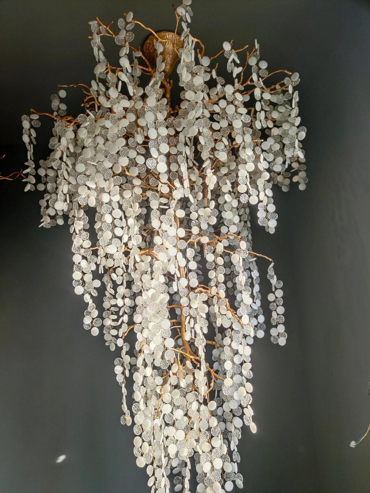 Modern Unique Artistic Flower Brass Branch Semi-flush Mount Chandelier for Living Room/ Hallway/ Entryway/ Staircase-Chandeliers-Blushlighting