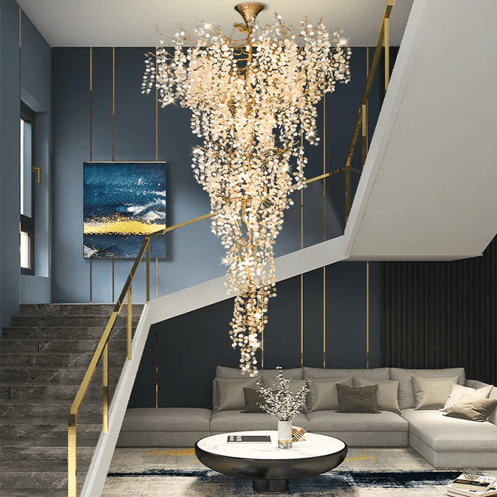 Modern Unique Artistic Flower Brass Branch Semi - flush Mount Chandelier for Living Room/ Hallway/ Entryway/ Staircase - D 35.43" * H 78.74"Warm LightBlushlighting