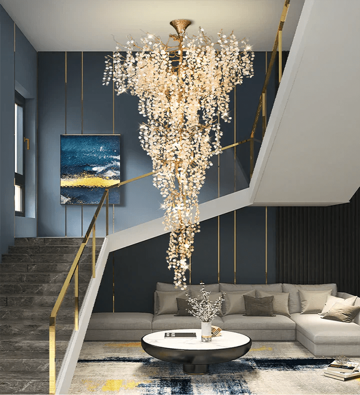 Modern Unique Artistic Flower Brass Branch Semi - flush Mount Chandelier for Living Room/ Hallway/ Entryway/ Staircase - D 35.43" * H 78.74"Warm LightBlushlighting