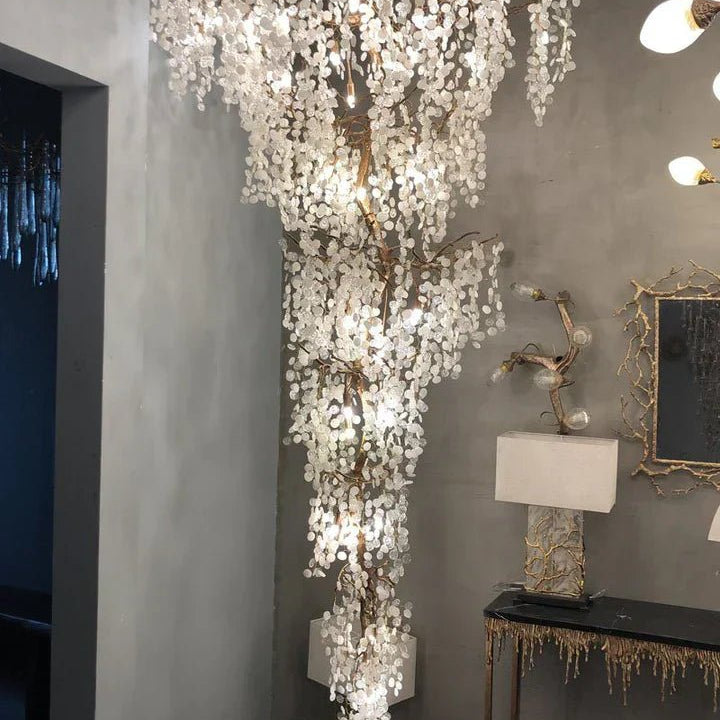 Modern Unique Artistic Flower Brass Branch Semi - flush Mount Chandelier for Living Room/ Hallway/ Entryway/ Staircase - D 35.43" * H 78.74"Warm LightBlushlighting