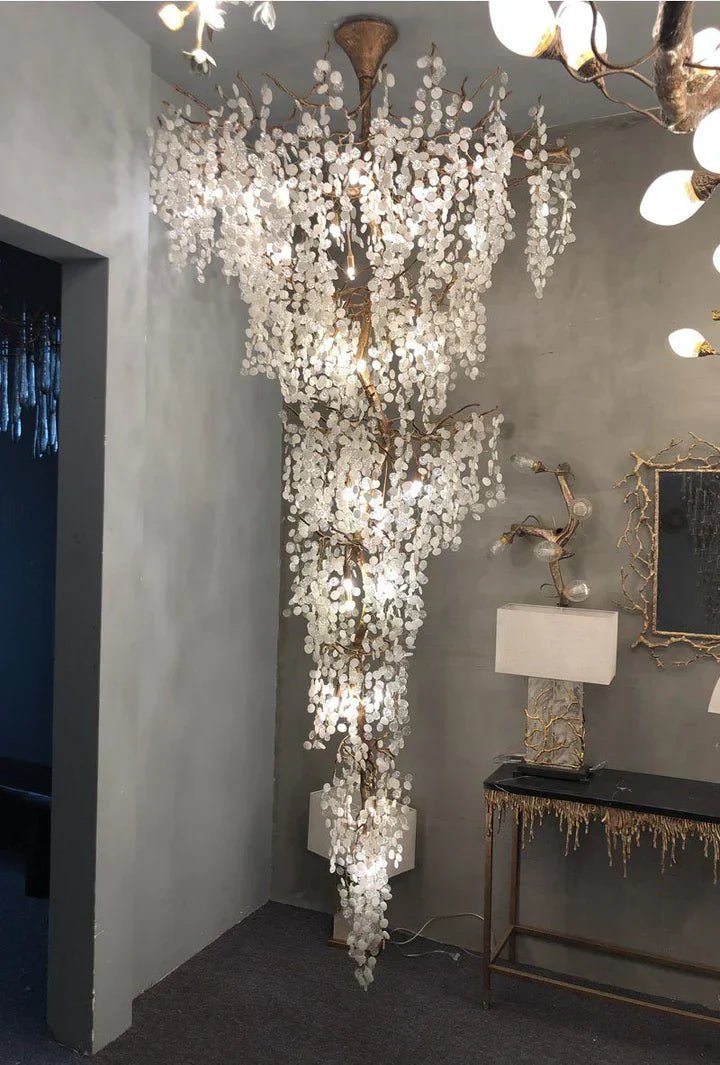 Modern Unique Artistic Flower Brass Branch Semi - flush Mount Chandelier for Living Room/ Hallway/ Entryway/ Staircase - D 35.43" * H 78.74"Warm LightBlushlighting