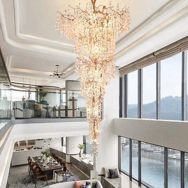 Modern Unique Artistic Flower Brass Branch Semi - flush Mount Chandelier for Living Room/ Hallway/ Entryway/ Staircase - D 35.43" * H 78.74"Warm LightBlushlighting