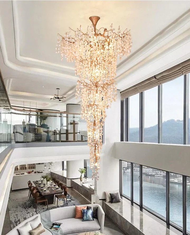 Modern Unique Artistic Flower Brass Branch Semi - flush Mount Chandelier for Living Room/ Hallway/ Entryway/ Staircase - D 35.43" * H 78.74"Warm LightBlushlighting