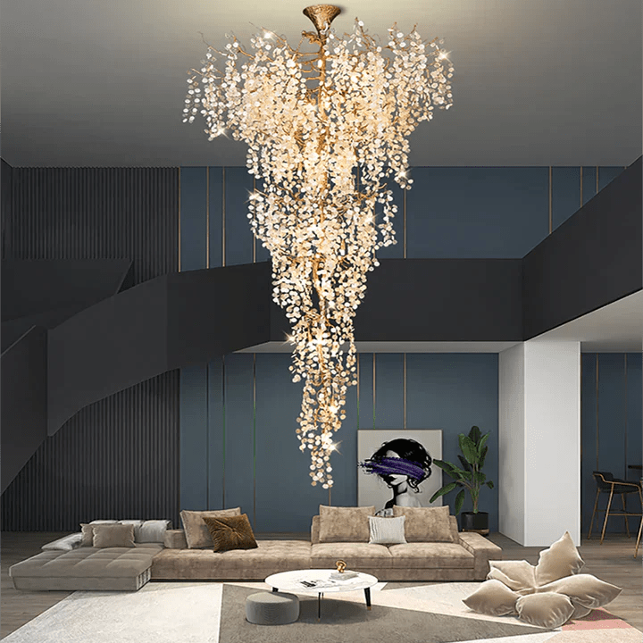 Modern Unique Artistic Flower Brass Branch Semi - flush Mount Chandelier for Living Room/ Hallway/ Entryway/ Staircase - D 35.43" * H 78.74"Warm LightBlushlighting