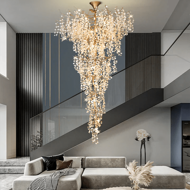 Modern Unique Artistic Flower Brass Branch Semi - flush Mount Chandelier for Living Room/ Hallway/ Entryway/ Staircase - D 35.43" * H 78.74"Warm LightBlushlighting