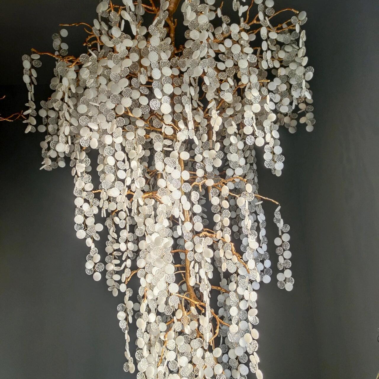 Modern Unique Artistic Flower Brass Branch Semi - flush Mount Chandelier for Living Room/ Hallway/ Entryway/ Staircase - D 35.43" * H 78.74"Warm LightBlushlighting