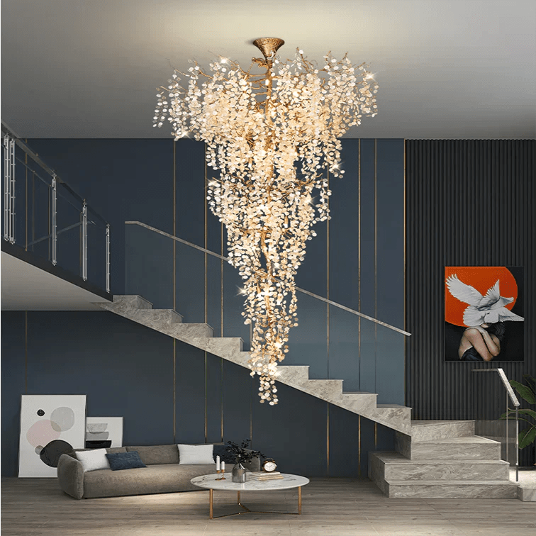 Modern Unique Artistic Flower Brass Branch Semi - flush Mount Chandelier for Living Room/ Hallway/ Entryway/ Staircase - D 35.43" * H 78.74"Warm LightBlushlighting