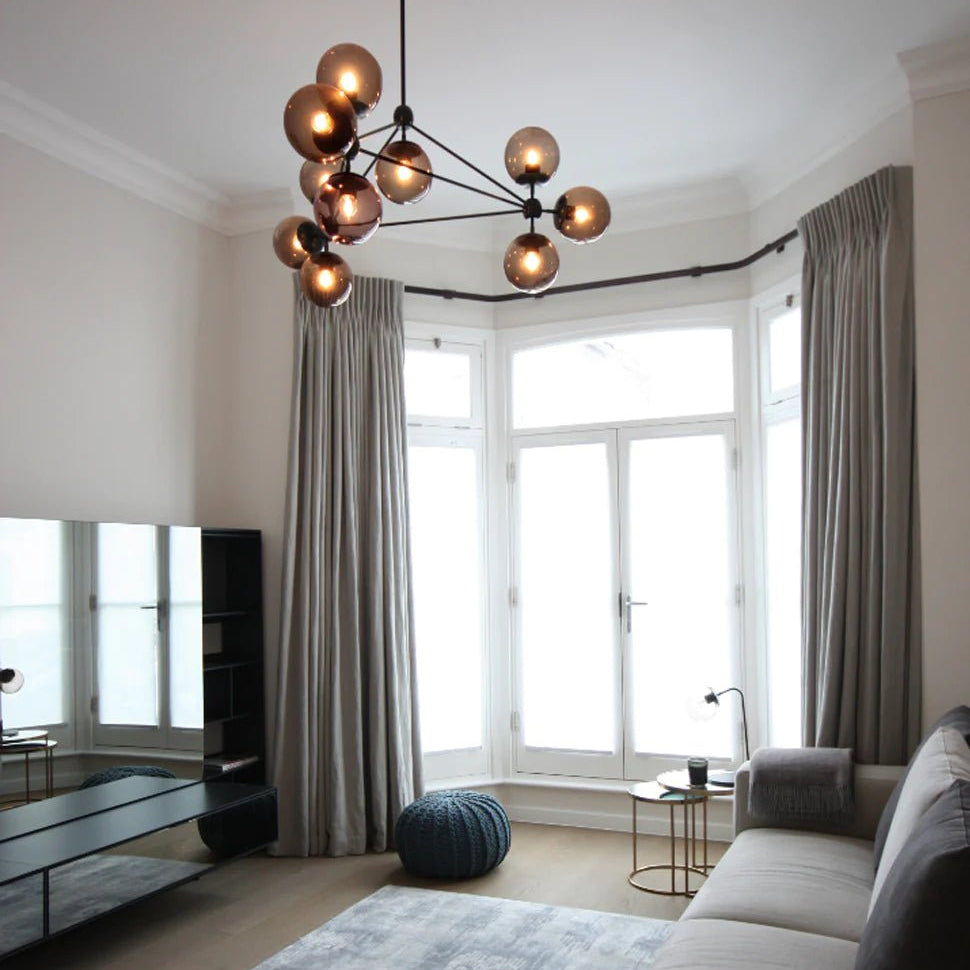 Modo Chandelier 37" - 3 Sided, 10 Globes - Polished NickelCreamBlushlighting