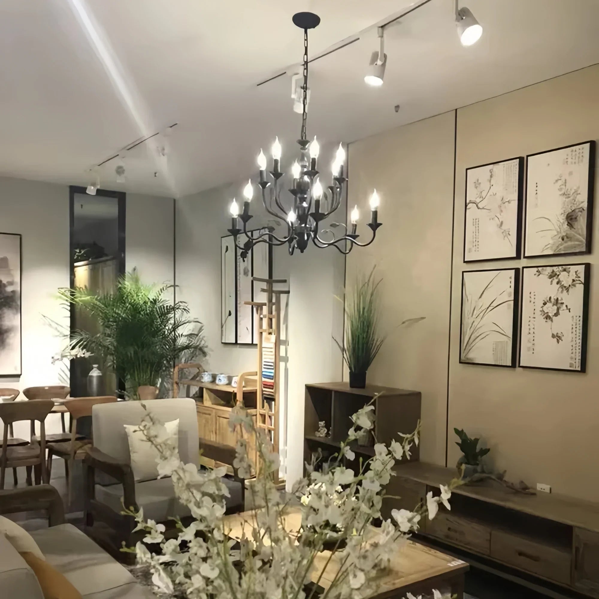 Multi Layer Iron Chandelier with Electronic Candles in Vintage Country Style for Living Room Cafe and Study - 1 Layer: D39.4"Warm LightBlushlighting
