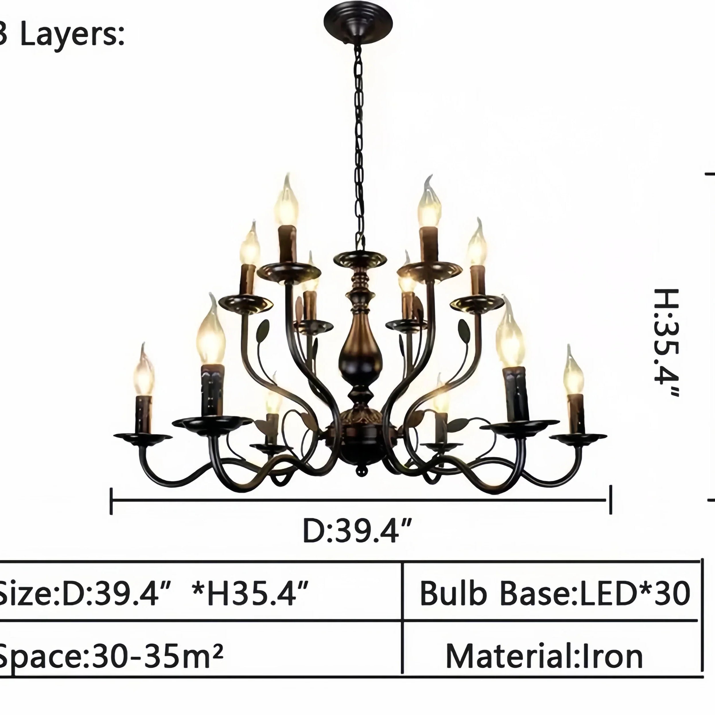 Multi Layer Iron Chandelier with Electronic Candles in Vintage Country Style for Living Room Cafe and Study-