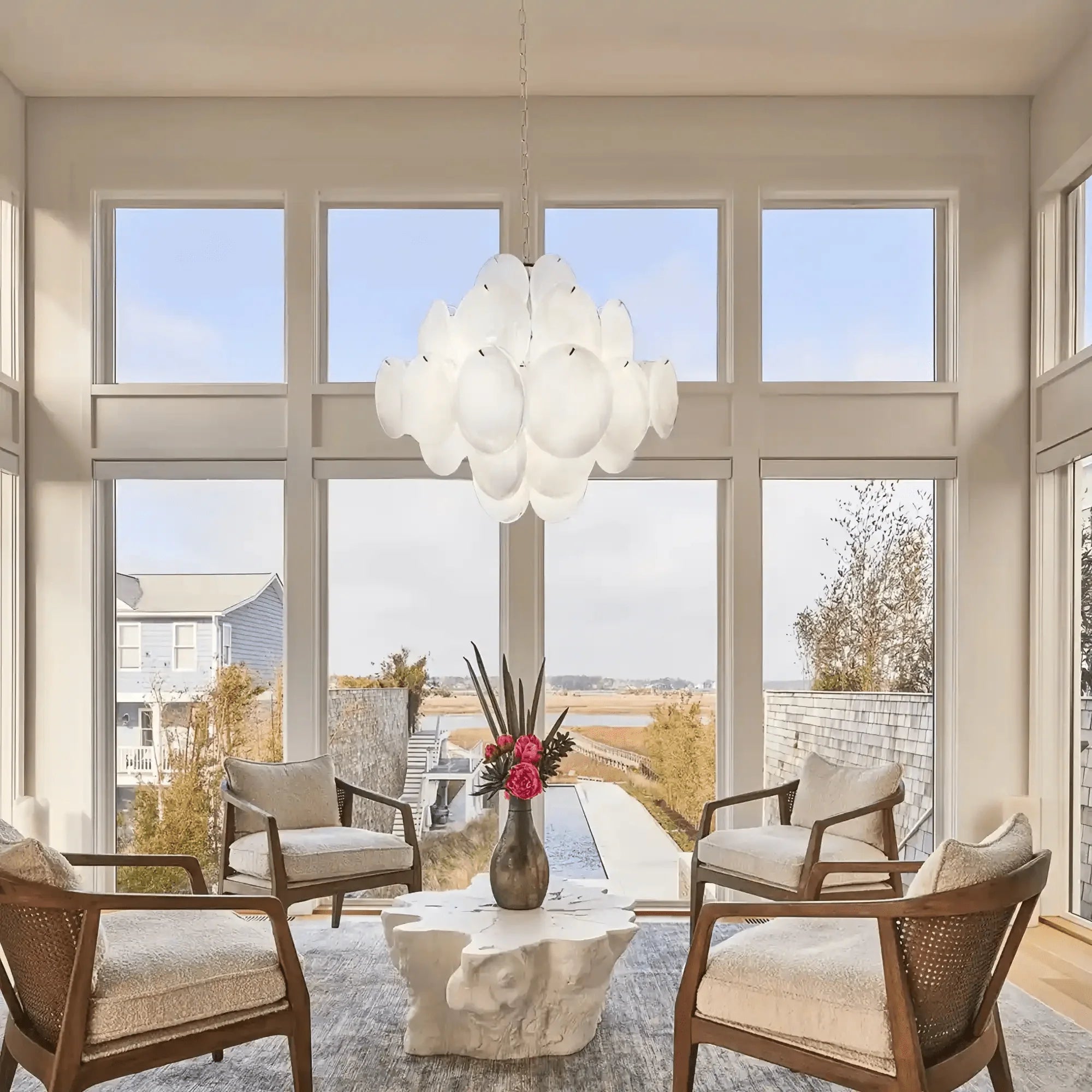 Murano Chandelier 36 White Disks - Blushlighting