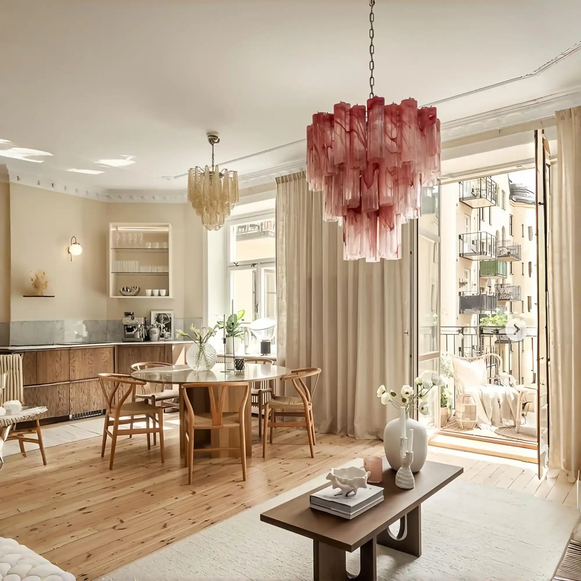 Murano Chandelier – 48 tubes – Alabaster Pink-Blushlighting
