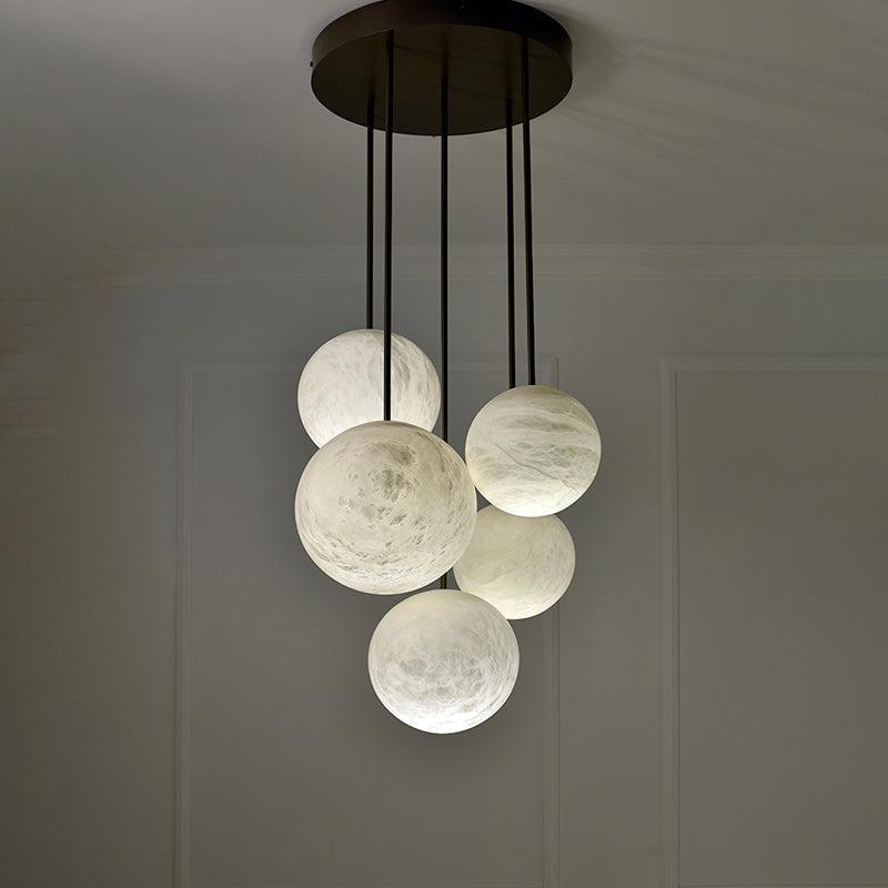 Nami Alabaster Sphere Staircase Chandelier,Multi Pendant Light-chandeliers for dining room,chandeliers for stairways,chandeliers for foyer,chandeliers for bedrooms,chandeliers for kitchen,chandeliers for living room-5 Balls-Blushlighting
