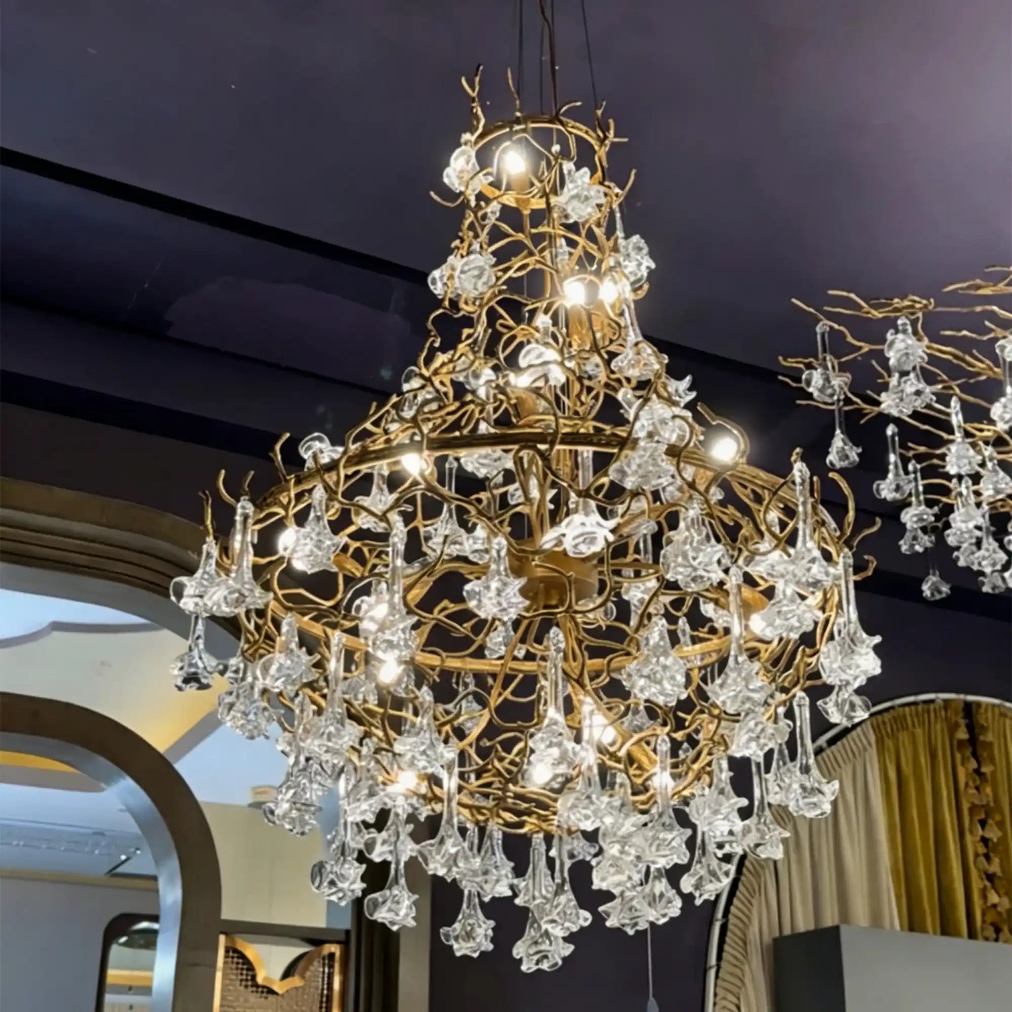 Nature-inspired Brass Tree Chandelier with Glazed Glass Flowers - Style D/L78.7"*W39.4"*H25.59"(L200cm*W100cm*H65cm)Warm LightBlushlighting
