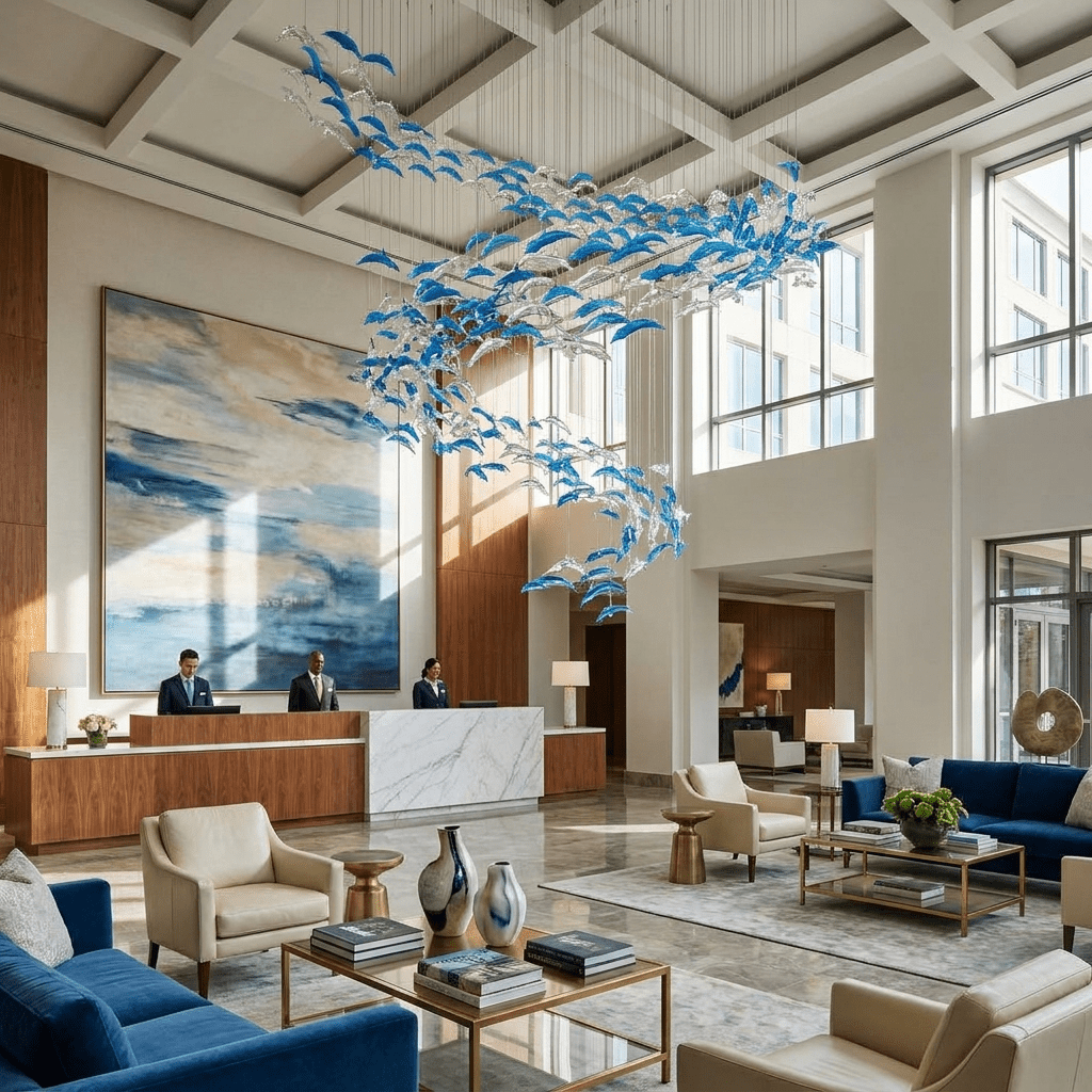 Nerissa LED Glass Dolphin Chandelier - Dia 59.1″ × H 70.9″Blue & ClearWarm LightBlushlighting