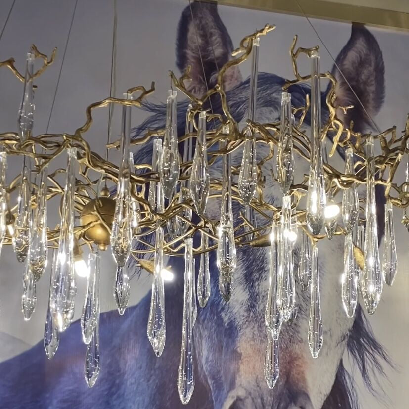 New Clear Crystal Rain Copper Branch Chandelier Modern Designer Pendant Light For Dining Table/Kitchen Island - Rectangular L39.4"*W13.8"*H19.7"Warm LightBlushlighting