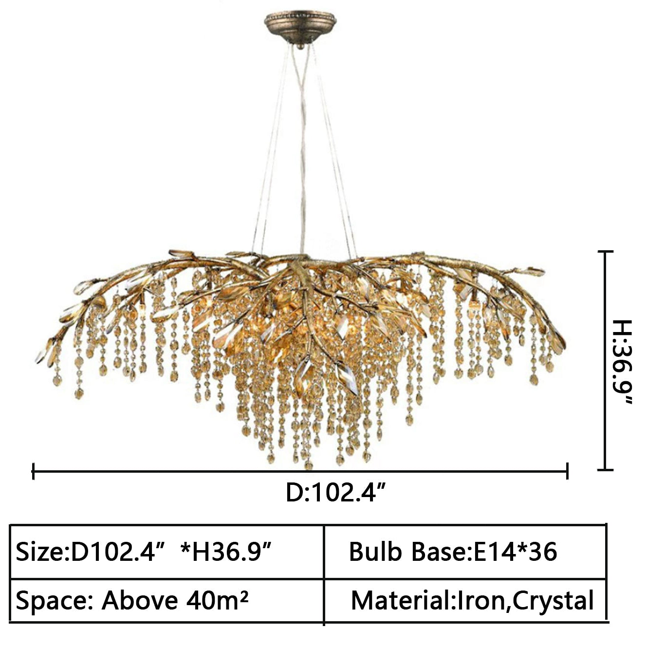 D102.4"*H36.9" chandelier,chandeliers,branch,pendant,iron,crystal,living room,kitchen island,big table,long table