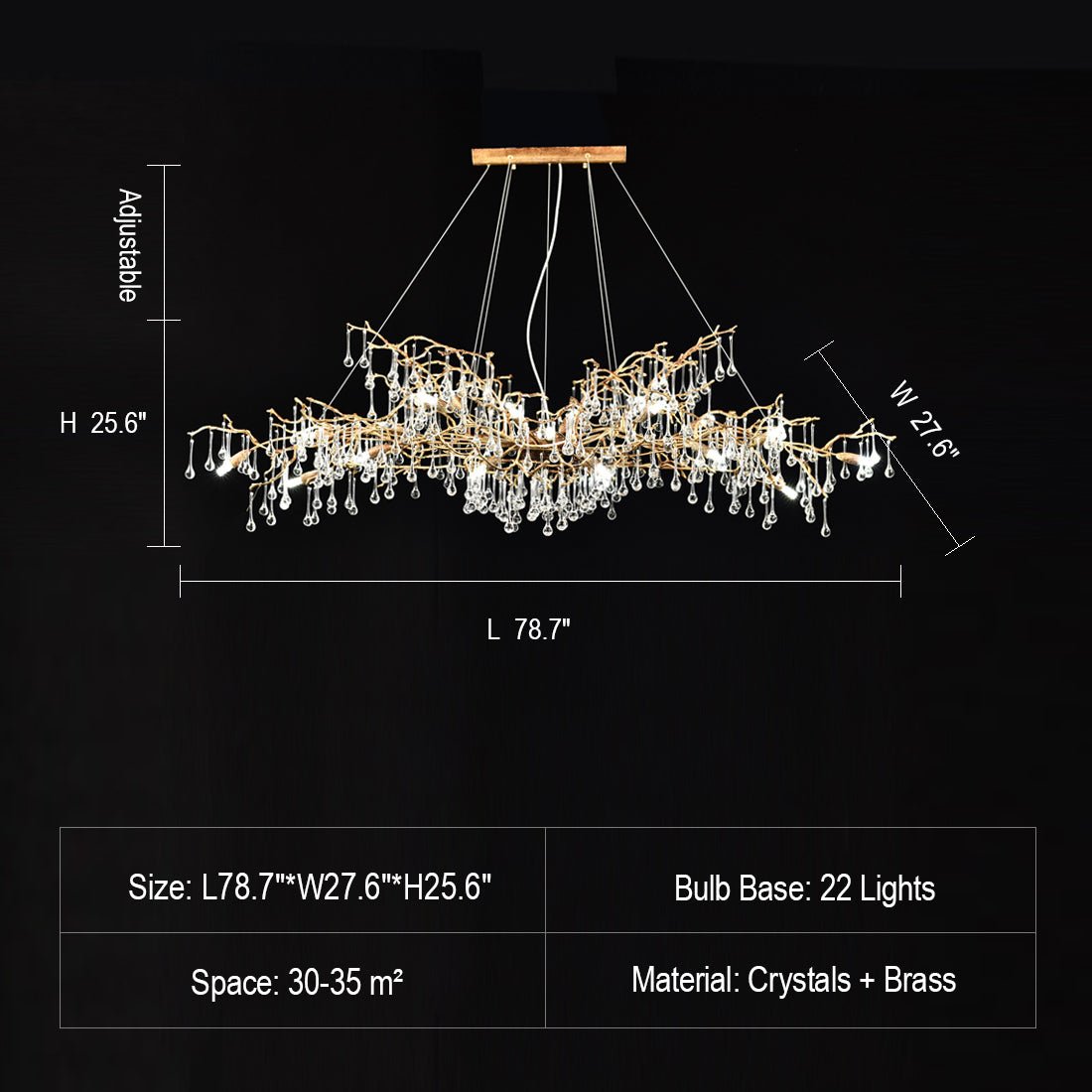 New Style Extra Large Brass Branch Chandelier Light Crystal Drops Pendant Lamp For Living/ Dining Room - L78.7"*W27.6"*H25.6"/ 22 LightsWarm LightBlushlighting