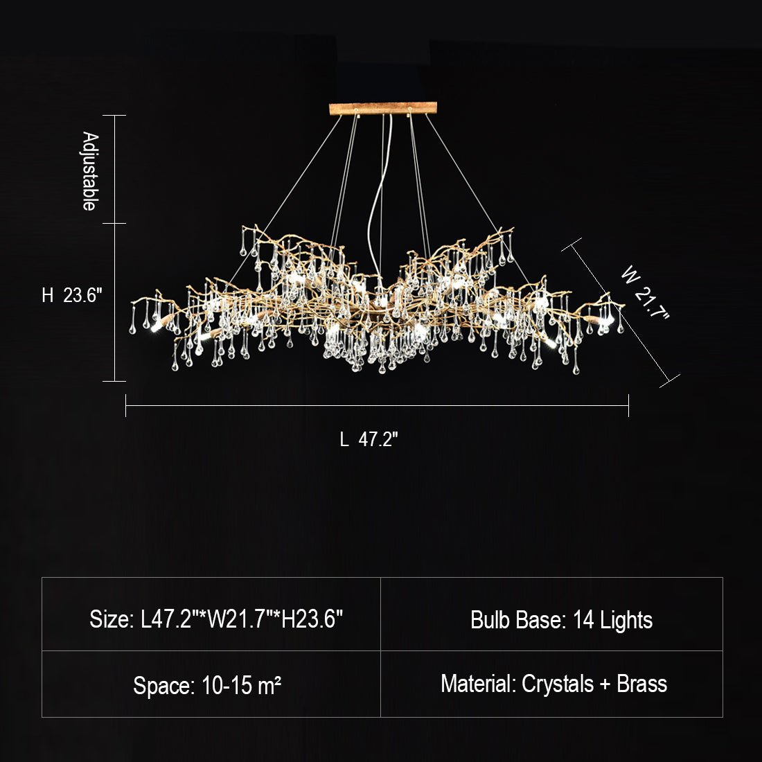 New Style Extra Large Brass Branch Chandelier Light Crystal Drops Pendant Lamp For Living/ Dining Room - L63"*W25.6"*H25.6"/ 18 Lights/53.6kgWarm LightBlushlighting