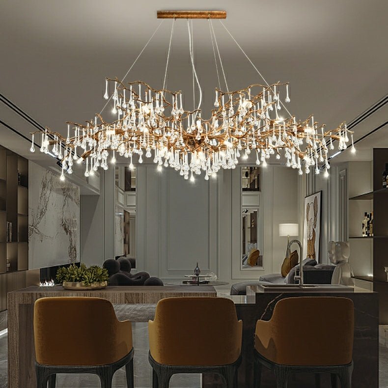 New Style Extra Large Brass Branch Chandelier Light Crystal Drops Pendant Lamp For Living/ Dining Room - L47.2"*W21.7"*H23.6"/ 14 Lights/36.4kgWarm LightBlushlighting