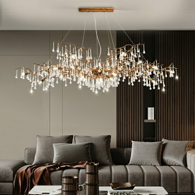 New Style Extra Large Brass Branch Chandelier Light Crystal Drops Pendant Lamp For Living/ Dining Room - L47.2"*W21.7"*H23.6"/ 14 Lights/36.4kgWarm LightBlushlighting