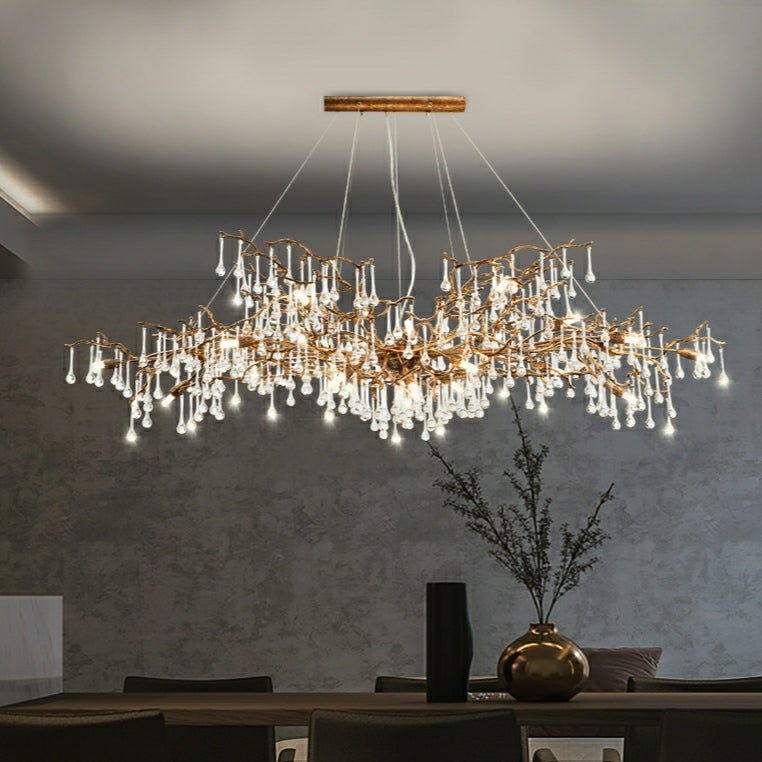 New Style Extra Large Brass Branch Chandelier Light Crystal Drops Pendant Lamp For Living/ Dining Room - L47.2"*W21.7"*H23.6"/ 14 Lights/36.4kgWarm LightBlushlighting