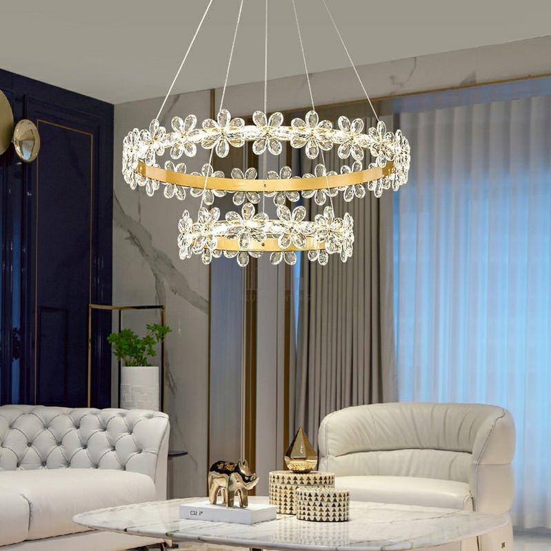 New Style Flower Crystal Chandelier For Living Room Petal Ring Pendant Lighting Fixture for Girls Bedroom - 2 Rings D23.6"+D13.8"Warm LightBlushlighting