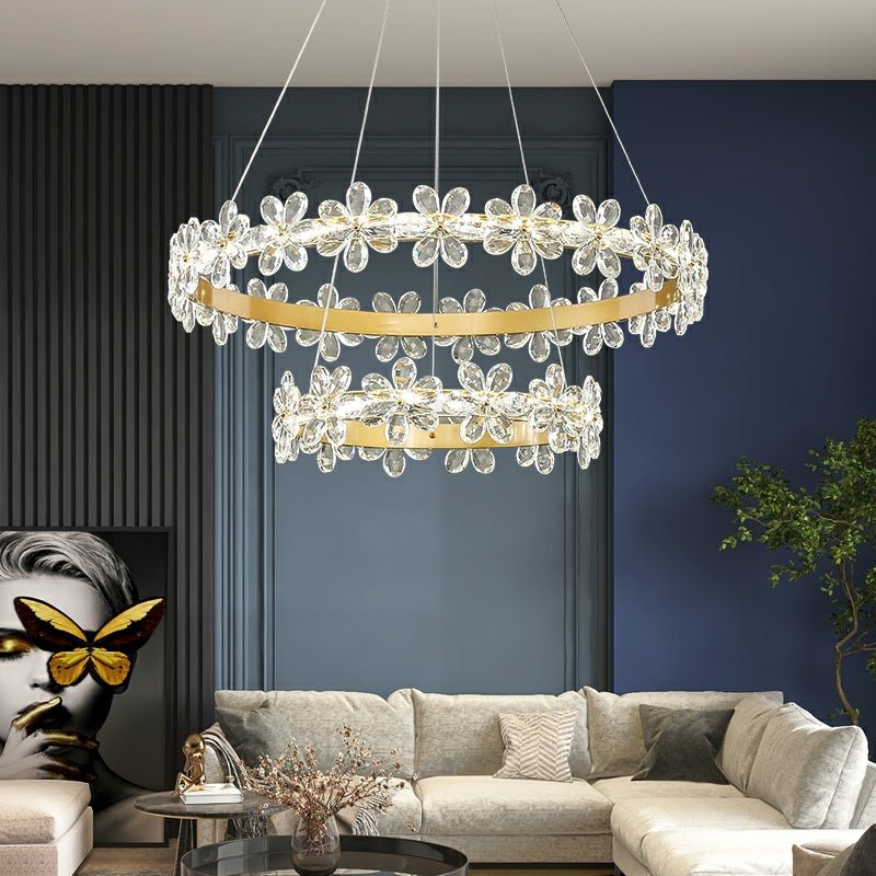 New Style Flower Crystal Chandelier For Living Room Petal Ring Pendant Lighting Fixture for Girls Bedroom - 2 Rings D23.6"+D13.8"Warm LightBlushlighting